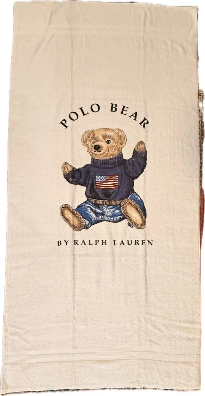 Vintage 90s Polo Bear by Ralph Lauren Flag Sweater Beach Towel USA White 35x66